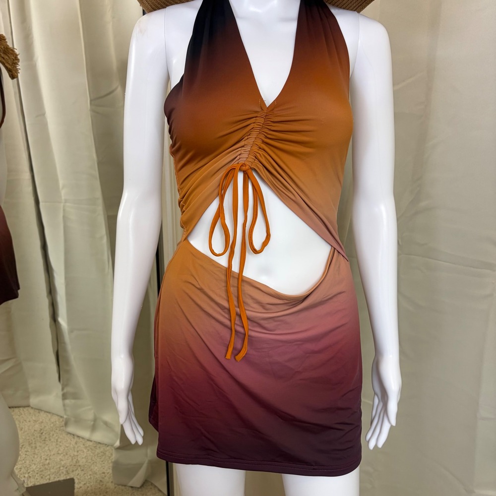White Fox Boutique Ombre Halter Mini Dress Orange Purple Cutout Ruched Sunset